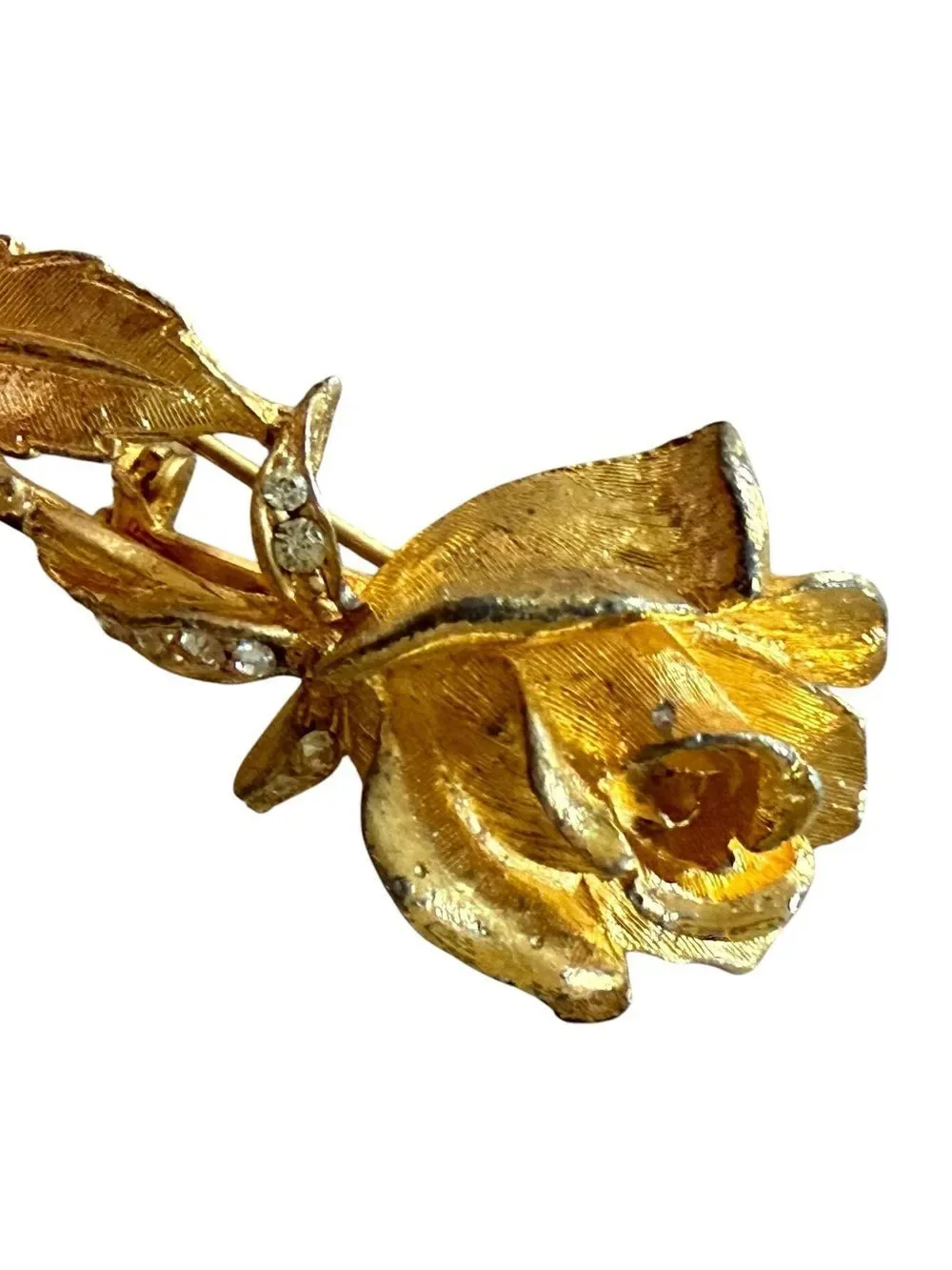 Vintage Gold Tone Long Stem Rose Brooch Pin With White Rhinestone Detail